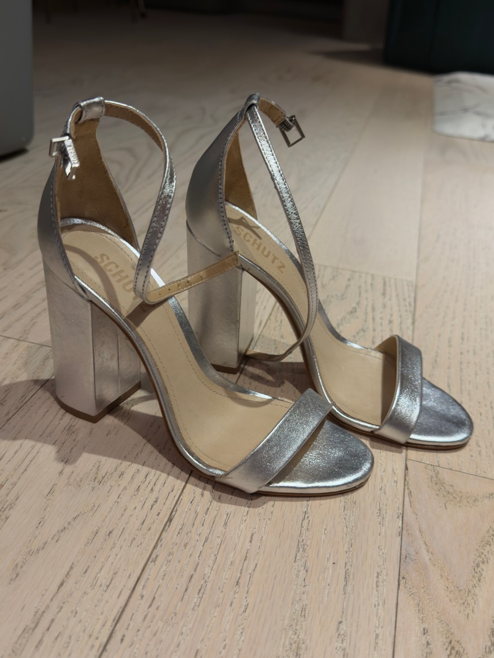 SCHUTZ Metallic Silver Block Heel Sandals